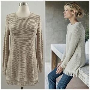 J. Jill Sweater Women's XS Tan Neutral Tunic Fringe Knit Modest Minimalist NWT